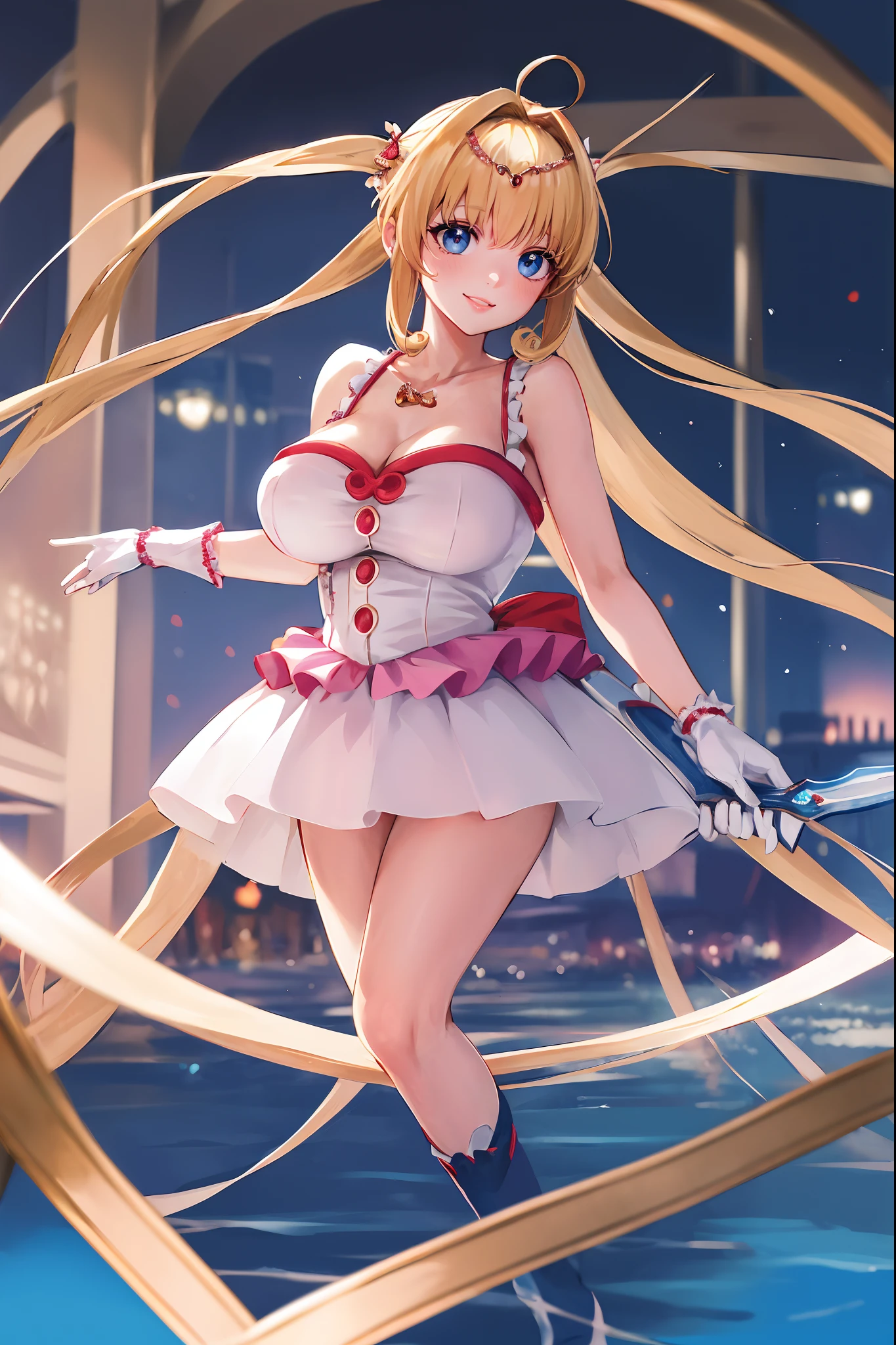 masterpiece, best quality, highres, hmnl, hmnl, twintails, tiara, blue eyes, long hair, ahoge, hair ornament, idol, dress, gloves,(best quality, high-res, masterpiece:1.2), ultra-detailed,1.37, portraits, vivid colors, studio lighting, sharp focus, physically-based rendering, long hair, blue eyes, beautiful detailed eyes, beautiful detailed lips, twintails, tiara, ahoge, hair ornament, idol, dress, gloves, standing, smile, huge breast