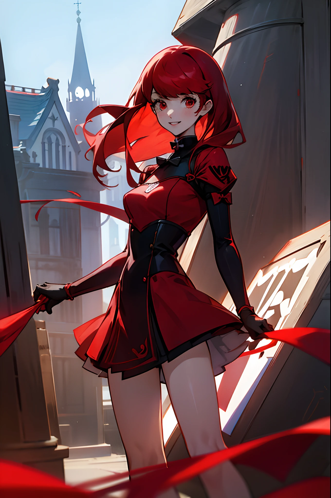 Menina anime, vermelho longo relacionado com cabelo de fita, vestir, (Parado na cidade medieval), Yoshizawa da persona 5, sorridente, obra de arte, aparência legal, 8K, 4K, super alta qualidade, anatomia perfeita, corpo perfeito, rosto fofo,