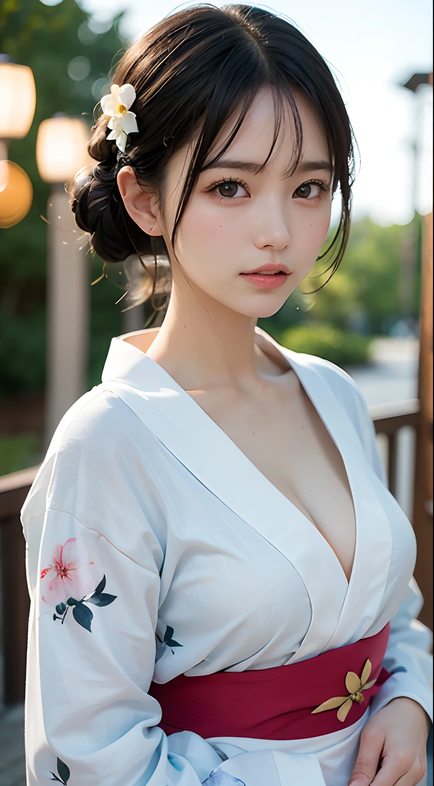 (masutepiece, Best Quality:1.4), Beautiful face, 8K, 85 mm, absurderes, (floral pattern yukata:1.4), The upper part of the body, Exposing breasts、 violaceaess, gardeniass, Delicate girl, Solo, Night, Looking at Viewer, Upper body, Film grain, chromatic abberation, Sharp Focus, face lights, Professional Lighting, Sophisticated, (Smile:0.4), cleavage, (Simple background, Bokeh background:1.2), Detail Face