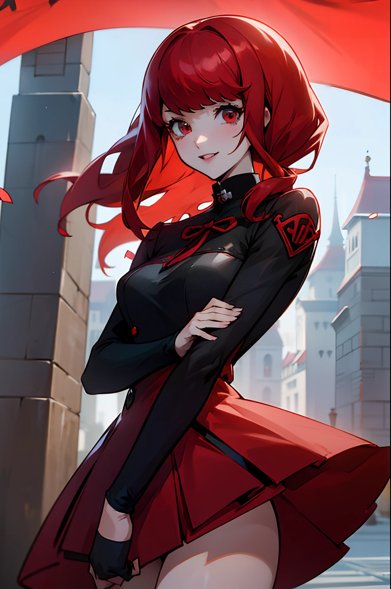 chica anime, largo rojo relacionado con el pelo de cinta, (De pie en la ciudad medieval), Yoshizawa from persona 5, sonriente, obra maestra, Apariencia guay, 8K, 4k, calidad súper alta, anatomía perfecta, cuerpo perfecto, cara linda,