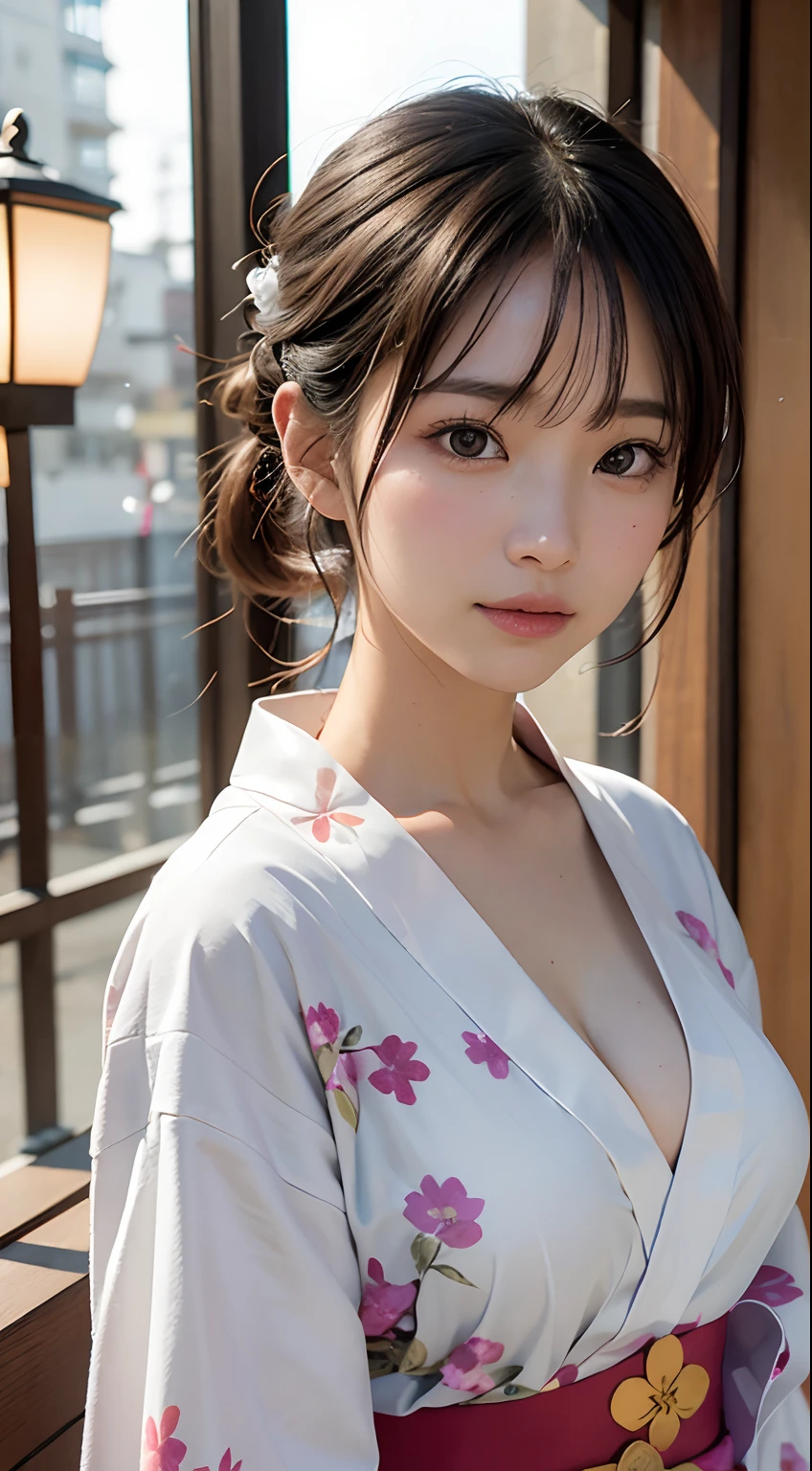 (masutepiece, Best Quality:1.4), Beautiful face, 8K, 85 mm, absurderes, (floral pattern yukata:1.4), The upper part of the body, Exposing breasts、 violaceaess, gardeniass, Delicate girl, Solo, Night, Looking at Viewer, Upper body, Film grain, chromatic abberation, Sharp Focus, face lights, Professional Lighting, Sophisticated, (Smile:0.4), cleavage, (Simple background, Bokeh background:1.2), Detail Face