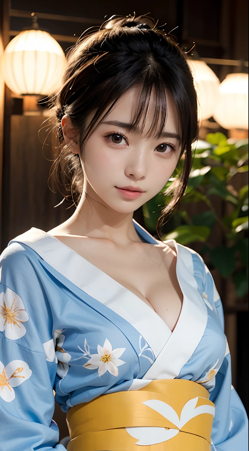 (masutepiece, Best Quality:1.4), Beautiful face, 8K, 85 mm, absurderes, (floral pattern yukata:1.4), The upper part of the body, Exposing breasts、 violaceaess, gardeniass, Delicate girl, Solo, Night, Looking at Viewer, Upper body, Film grain, chromatic abberation, Sharp Focus, face lights, Professional Lighting, Sophisticated, (Smile:0.4), cleavage, (Simple background, Bokeh background:1.2), Detail Face