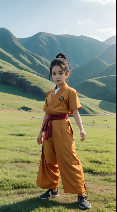 Full body kid ,daishinkan in dragon ball, daishinkan clothes,ouyang nana face,grass background