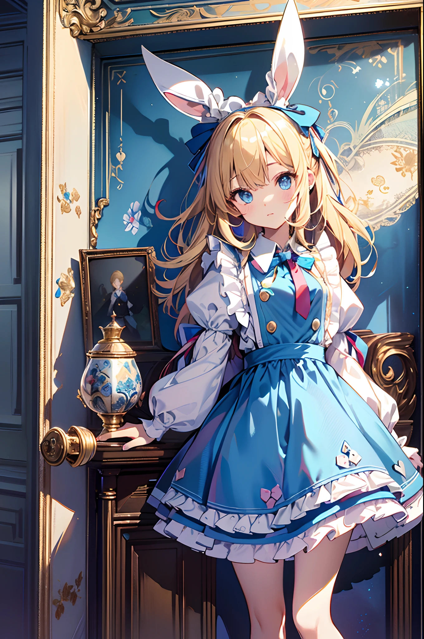 (Official art、Best Quality、Unity 8k Wallpapers、32K、​masterpiece、ultra-detailliert、超A high resolution)、Fantastical、((alice in the wonderland))、a blond、Tie your hair with a ribbon、Blue colored eyes、Blue Apron Dress、white sock、PlayingCards、bunny rabbit