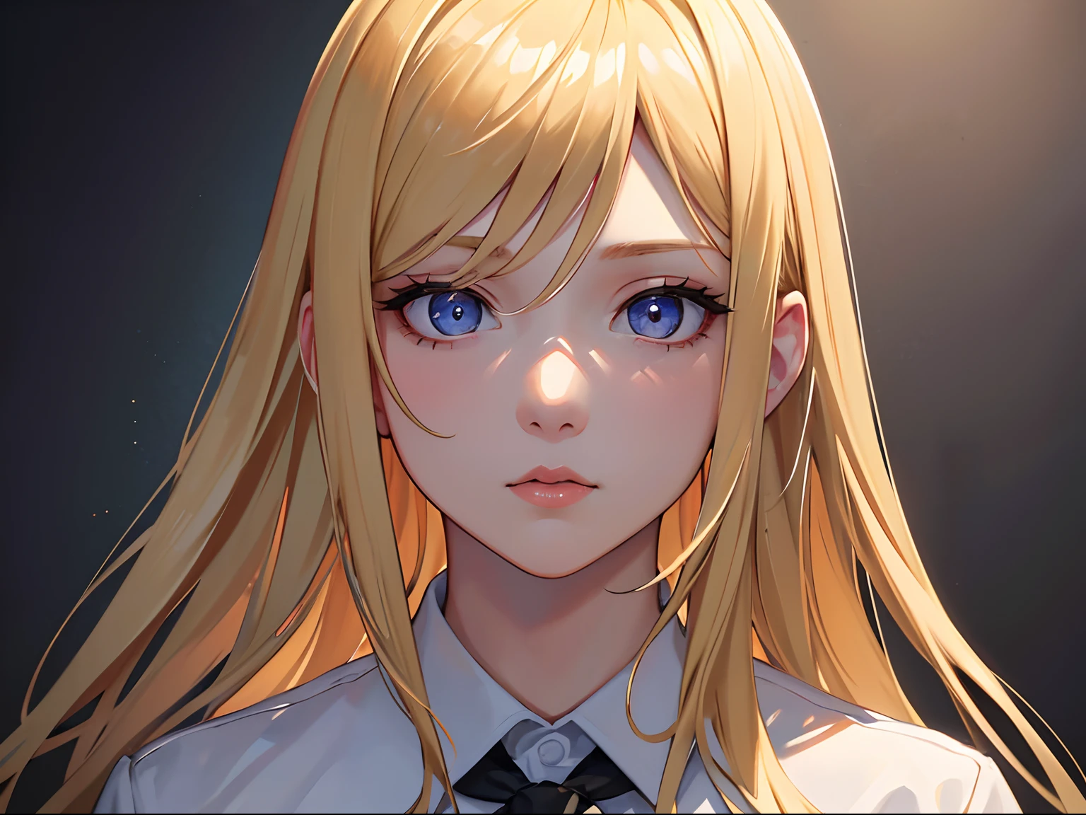 masterpiece, best quality, 1girl, blonde hair, blue eyes, white shirt, mugshot, wall background, detailed eyes, detailed facial features, realistic and high resolution (best quality, 4k, 8k, highres, masterpiece:1.2).