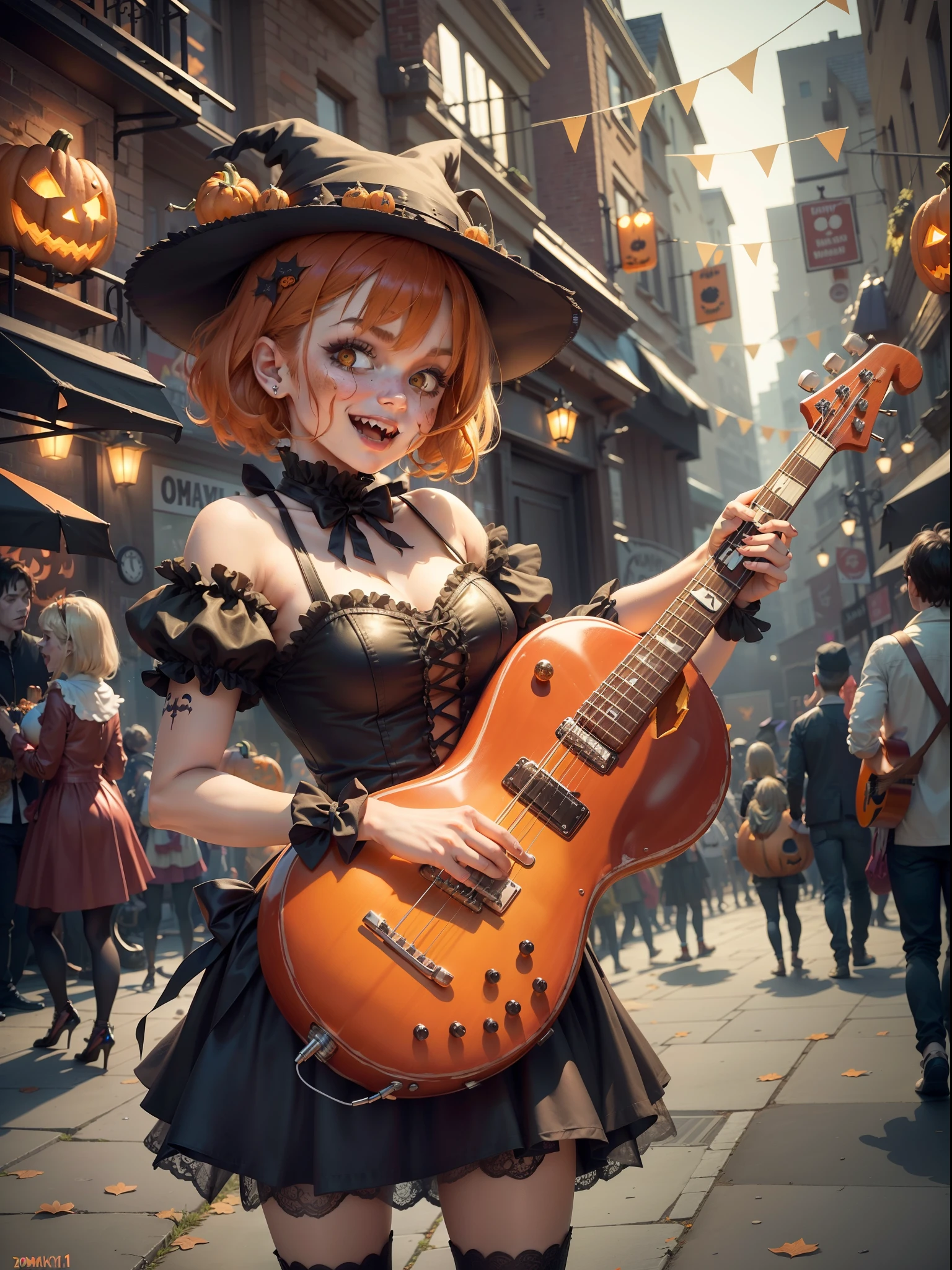 Rock 'n' roll scene，There are drum kits and basses，The lead singer in a pumpkin costume sings loudly in the spotlight！There are a lot of ratings out there
Girl in zombie costume playing pumpkin drum on Halloween celebration stage, （Jack-o'-lantern），(Electric guitar：1.1）, （keyboard：1.1）, （Drums made with pumpkins and sweets：1.0） ，The girl is dressed in a ghost costume, zombi, and witches, Bold poses and passionate performances，Makeup in all sorts of scary images，Performing on stage, Lightweight jack-o'-lantern,（Confectionery）, At the scene of the Halloween celebration,People are immersed in a joyful atmosphere. Jack-o-lanterns illuminate dark corners, There were happy smiles on people's faces