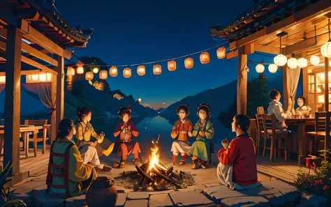 multiple persons，having fun，People dressed in Zhuang costumes cheered，Dance around the campfire，mtu，woman，girl，The villagers cheered，Villagers sit around，Girls in Zhuang costumes are in the middle，Happy and happy people，Villagers dressed in Zhuang costumes...