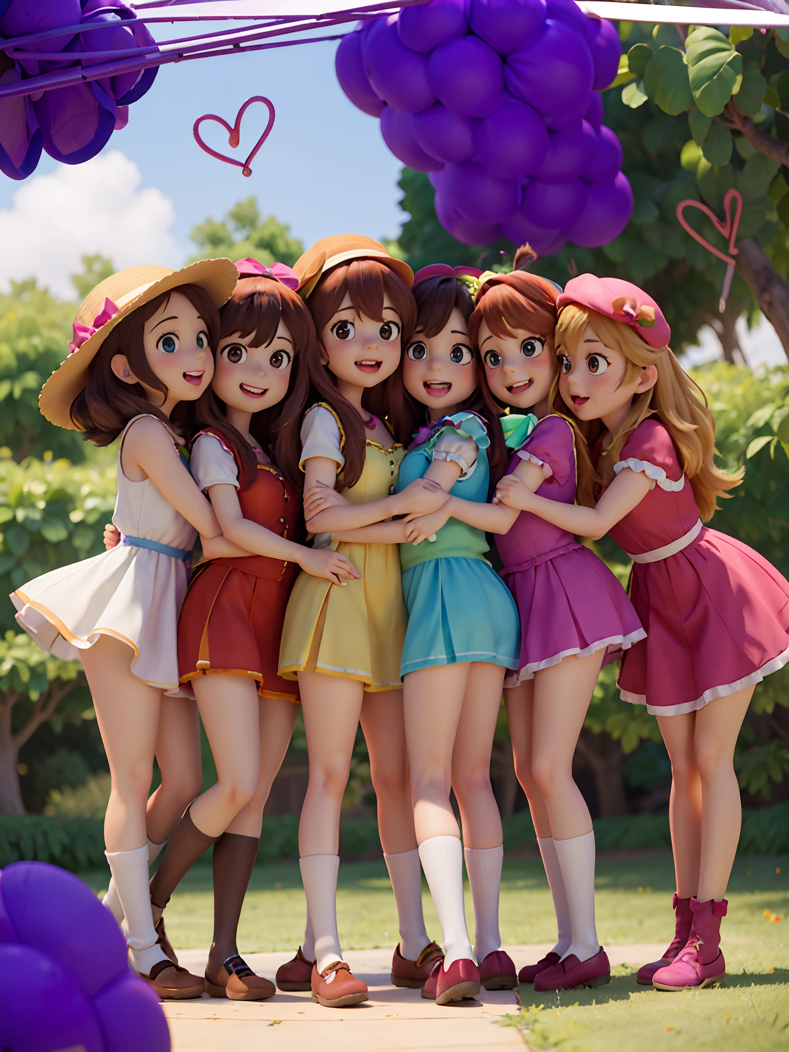there are four girls in dresses and hats posing for a picture, official fanart, ddlc, kawaii hq render, stylized anime, made with anime painter studio, anime styled 3d, official render, promotional render, idolmaster, anime stylized, cute 3 d render, [ digital art ]!!, cute pose, realistic anime 3 d style