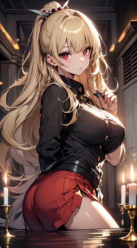 top-quality、Top image quality、​masterpiece、girl with((Beautiful fece、20yr old、Best Bust、big bast、Bust 85,Red eyes to issue、Breasts wide open,Valley、Blonde long hair、A slender、Black Y-shirt with the second button open、Blackberry Short Skirt、Large valleys、Ha...