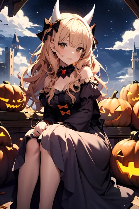 1girll, halloween, halloween costumes,solo,  christmas party, devil costume, bell, star, pumpkins，the bats，clouds, dynamic angle...