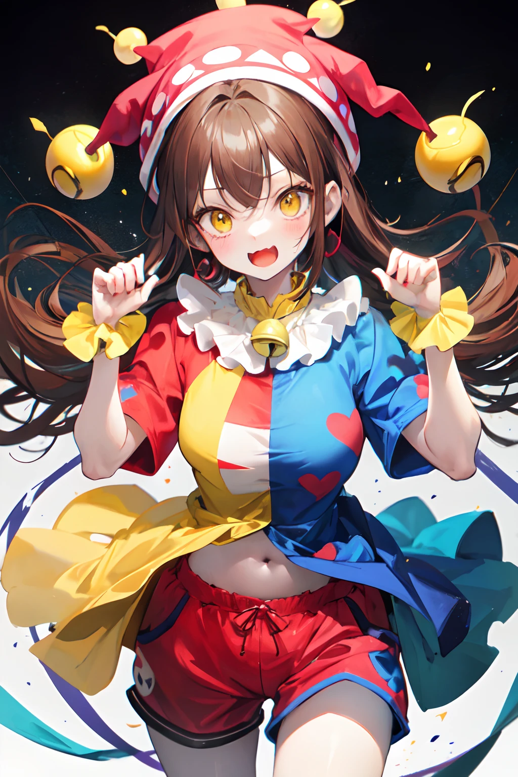clown girl in red and blue style jester whole body covered outfit in shorts with yellow bottons, brown hair, red and blue 2headed jester hat with yellow bells, white skin make up, scared face
