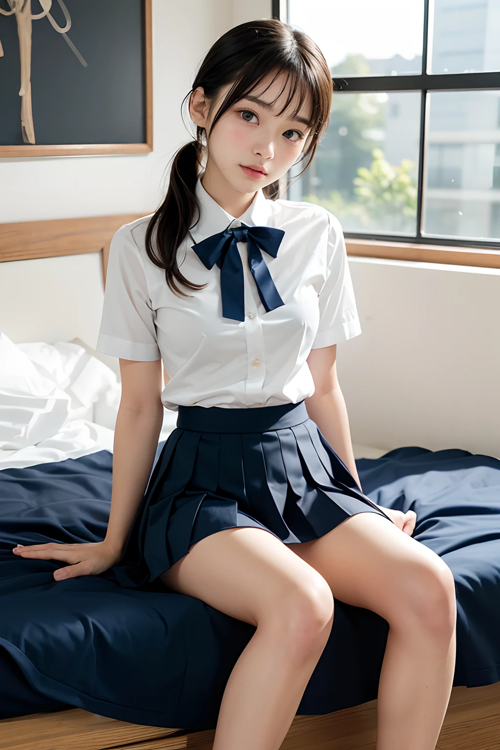 ((Top  Quality、​masterpiece))、(Full-body standing shot:1.4)、、(arms behind back,:1.4)(Surreal schoolgirls in schoolgirl uniforms in Japan:1.3), (White shirt short sleeves:1.2), (Ultra-thin ribbon ties:1.2)、(Short skirt 1.2)、(Slender:1.2)、(tiny boobs:1.2)(masutepiece, Best Quality:1.2), 8K, 15-year-old student, 85mm, Official Art, Raw foto, absurderes,(The face of sadness:1.3), close-up, upper half body, Violaceas, gardenia, a beauti, school uniformss, (navy Pleats Skirt:1.2), (Sitting on a bed in a dark room:1.4), looking up at viewer, no make-up, Dry fingers, film grain, Chromatic abbreviations, Sharp focus, face light, Clear lighting, adolescent, Detailed face, boke background, open shirt