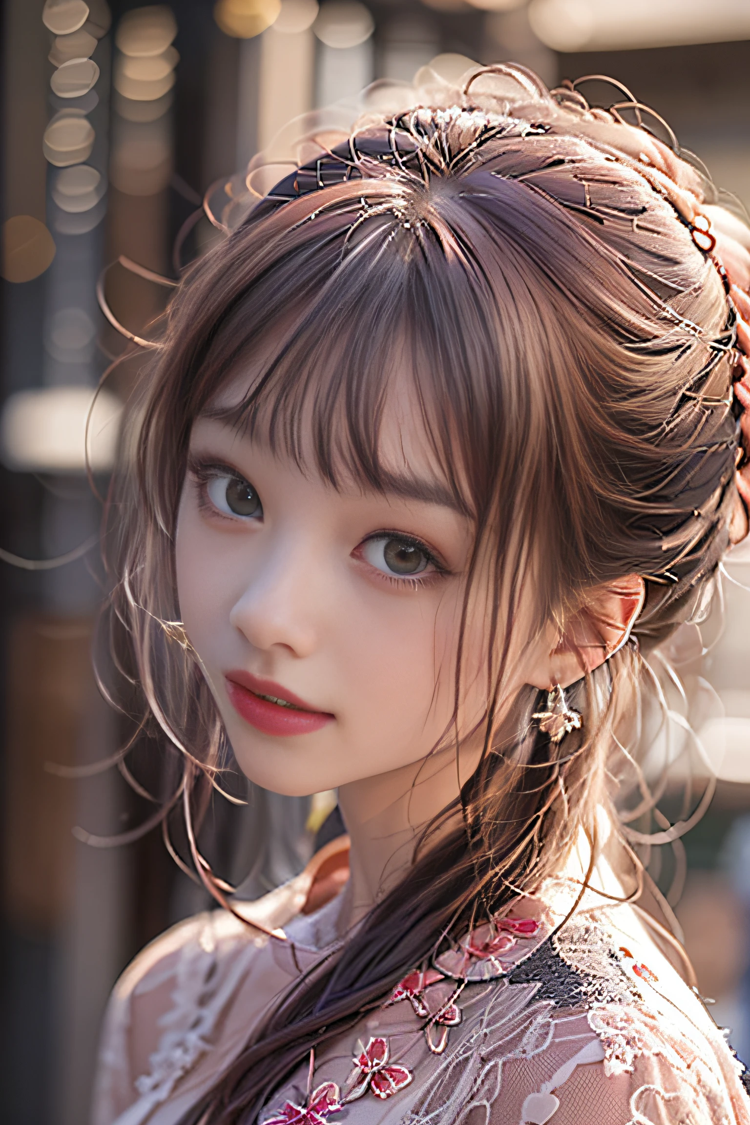 ((Top Quality, 8K, Masterpiece: 1.3)), Cowboy Shot, Very Cute Beauties, 1 Girl, (Beautiful: 1.3), (Abs, Slender Figure: 1.1), Sharp Focus, ((Intricate Details))), High Detail, Upper Body, One Girl, Black Twins Bangs, Chinese Characters, (Luxury Satin Cleavage Cut Out Evening Cheongsam: 1.5), Lace, Detailed evening dress, 8K, 8K resolution, clean detail face, detail body, detailed clothes, sharp images, hyper sharp images, Japan anime concept art, trending on Artstation, ((Look at the viewer, turn to the viewer, stare at the viewer: 1.3)), seductive sexy pose, (Seductive smile, light smile: 1.35)), pink lipstick, Bokeh, depth field, 8.5 life-size, 8k resolution, (EOS 5D Mark IV, 35mm lens, shot at f1.8), (ancient Chinese street background, simple background without humans, detailed background), ((frame head: 1.3), detailed human hand, perfect human hand, perfect anatomy, perfect proportions, super sharp focus, have a katana