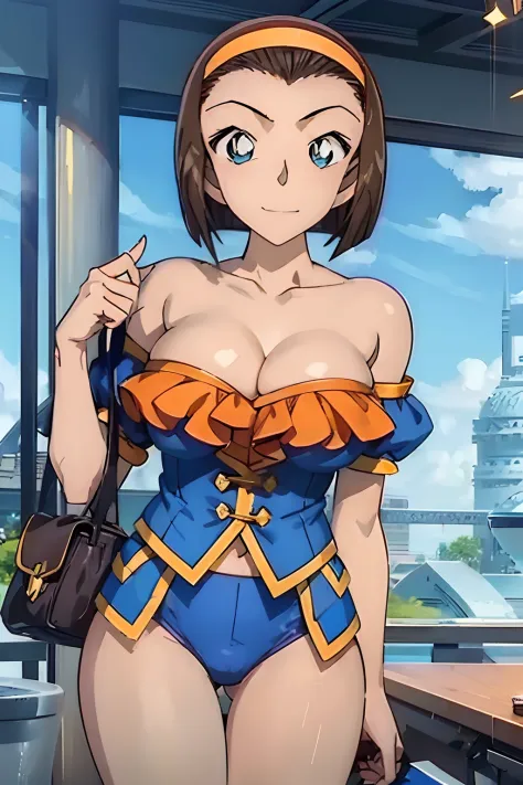 look at viewr, anime styled、Colossal tits、large full breasts、cleavage of the breast、one girls、shairband、Forehead、Bob Hair、Brown hair、Sparkling eyes、Blue eyes、Lively eyes、A smile、A face with plenty of room to spare、Superiority、up chest、up chest、which are fu...
