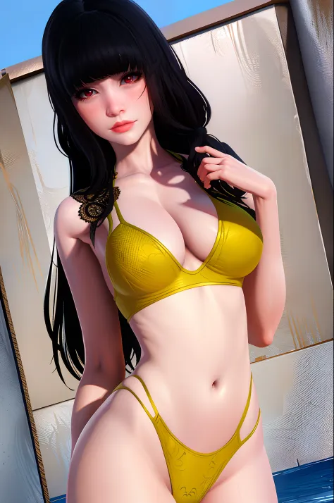 masterpiece, (ultra-detailed background, delicate pattern, intricate detailed), (high-detail, fine details), bestquality, beautiful light, 1girls, bara, moon, Black Hair, lips, Red Eyes, long-haired, blunt bangs, gag, Red lips, ((slim girl, mediuml breasts...