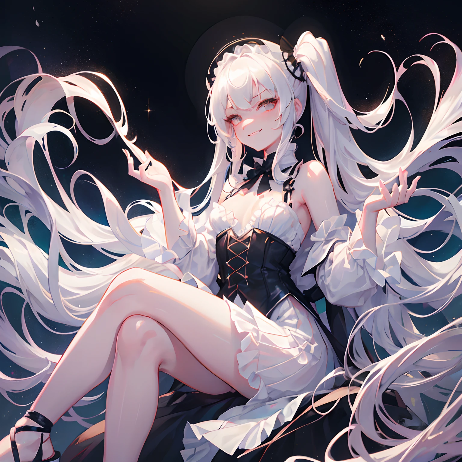 1 girl, solo, long white hair, curly twintails, vampire, jagged teeth, smirk, grinning, gorgeous young girl, small breasts, lolita, luxurious white coat off shoulders, bare shoulders, sleeveless intricate black elegant shirt, see-through shirt, long skirt, cool black legwear, sandals, smug expression, (perfect anatomy), moonlit night in background