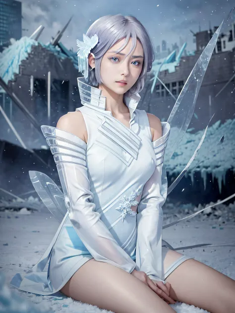 solo, short hair, hair ornament, hair between eyes, detached sleeves, ice particles, detailed, intricate details, action pose, l...