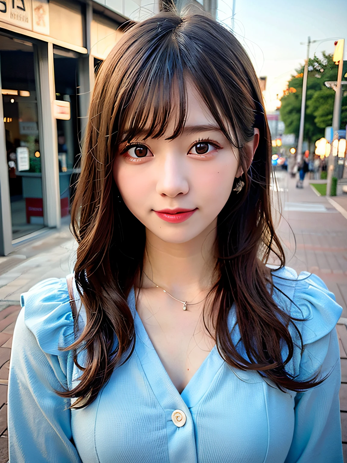 (8K, Raw photo:1.2)Detailed face and eyes,Best Quality, 超A high resolution, Highly detailed ,intricate detailes ,masutepiece ,Cute Girl , Soft cinematic light, Hyper-detailing,foco nítido, High quality,student clothes,  dripping from,Light blue dress、