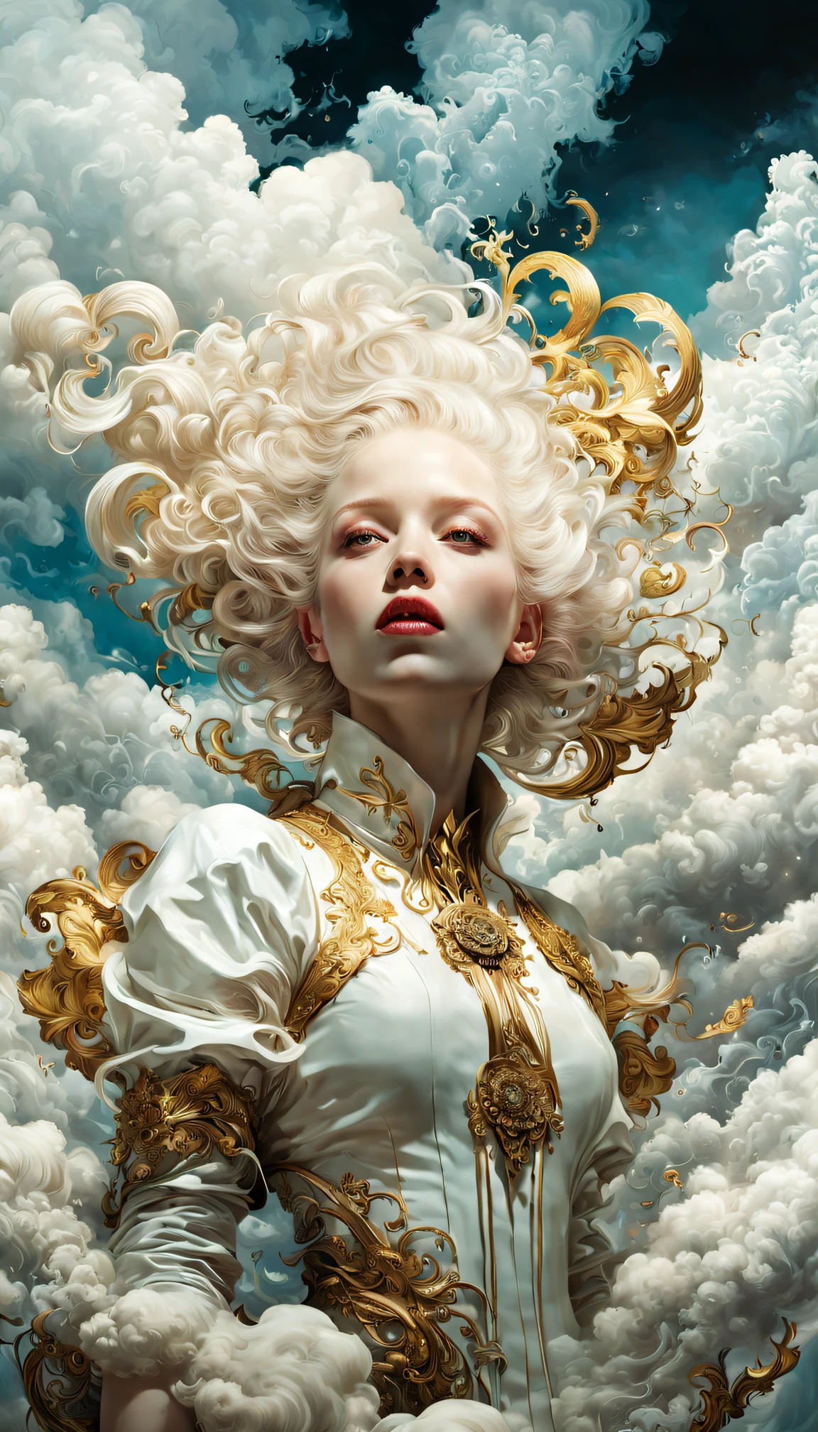 filmisch, fotorealistisches Albino-Mädchen, leuchtende Farben, Fantasie, warmer Ton, surreal, Fotorealistisches Meisterwerk in 8k-Auflösung von Aaron Horkey und Jeremy Mann, professionelle Fotografie, volumetrische Beleuchtung maximalistische Fotoillustration von Marton Bobzert, Konzeptkunst mit 8K-Auflösung und aufwändigen Details, Komplex, elegant, expansiv, Fantastisch, mythische Wolken