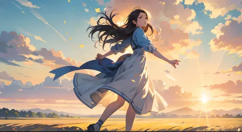 Fresh painting style，Full Body Angle:1.5,In the wheat field，girl with，Keep hands away from sunlight，Bright sky，Looking Up，Anime characters，ultra - detailed，Highly realistic，tmasterpiece，8K，hyper HD，