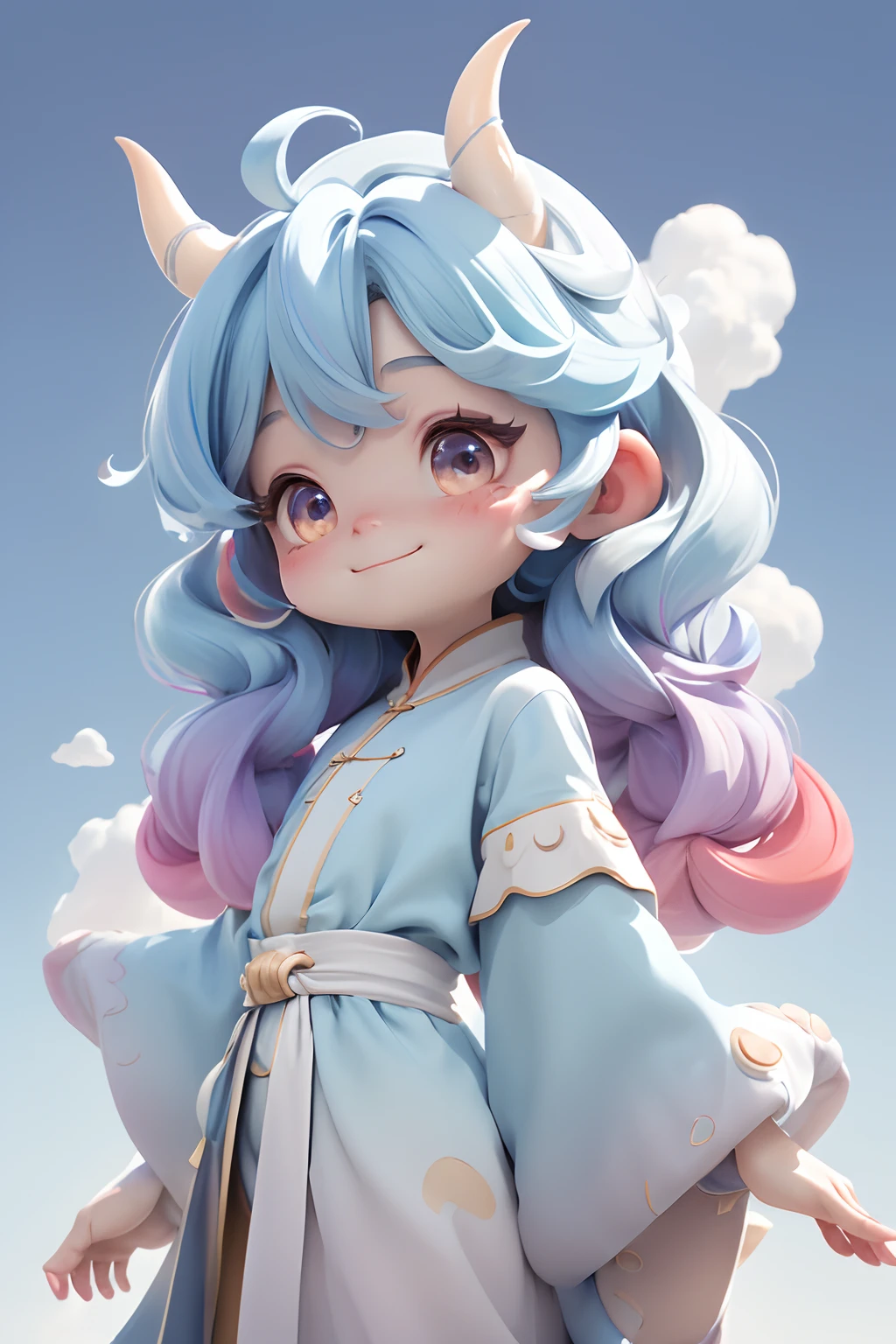 Masterpiece, Best quality, 8k, Cinematic light, Ultra-high resolution, tchibi, 1girll, child, There are dragon horns on the head，There is a dragon's tail behind him，Little Dragon Man，Chinese immortals，Powder blue hair, multicolored hair, Long hair, 独奏, dress, Horns, Blue hair, star \, (symbol\), bangs, Gradient hair, Artist name, Gradient, Smile, Closed mouth, full bodyesbian, The background of the clouds， Gradient background,