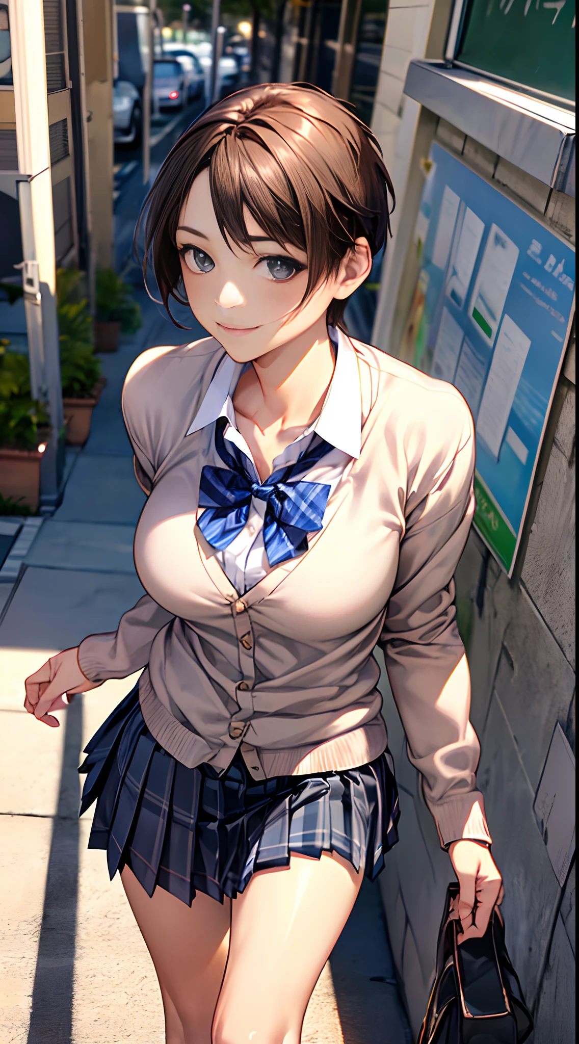 (masutepiece:1.2, top-quality), (Realistic, Photorealistic:1.4), Beautiful illustration, 
view the viewer, full body Esbian, Front view:0.6, 
1 girl, Japanese, High School Girl, (short-hair:1.5), blown hair, Bangs, hair between eye, Large breasts:0.8, 
Beautiful hair, Beautiful face, Beautiful detailed eyes, Beautiful collarbone, Beautiful body, beautiful boob, beautiful thigh, Beautiful legs, Beautiful fingers, 
(Beautiful scenery), , School,
((Collared shirt, White shirt, School uniform, Cardigan, Grey checked pleated skirt, Blue plaid bow tie)), White panties, 
Standing, Walking, 
Smile