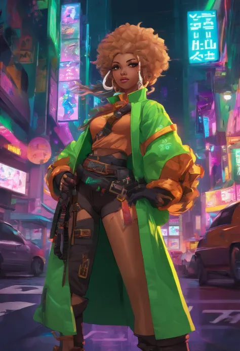 anime girl, green glossy eyes, wearing brown tall pirate boots and a white and black kimono uniform, white big afro, female, smiling, mixed skin color, curled goat horns, goat ears, goat tail, holding a katana in her hands in a fighting stance