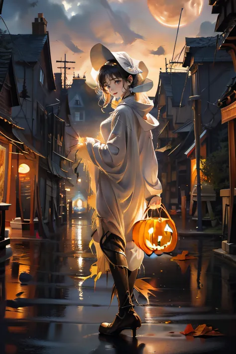 masterpiece,best quality,ultra-detailed,photorealistic,realistic,photography,1girll,ghost costumes,pumpkins,forest,night,moon,