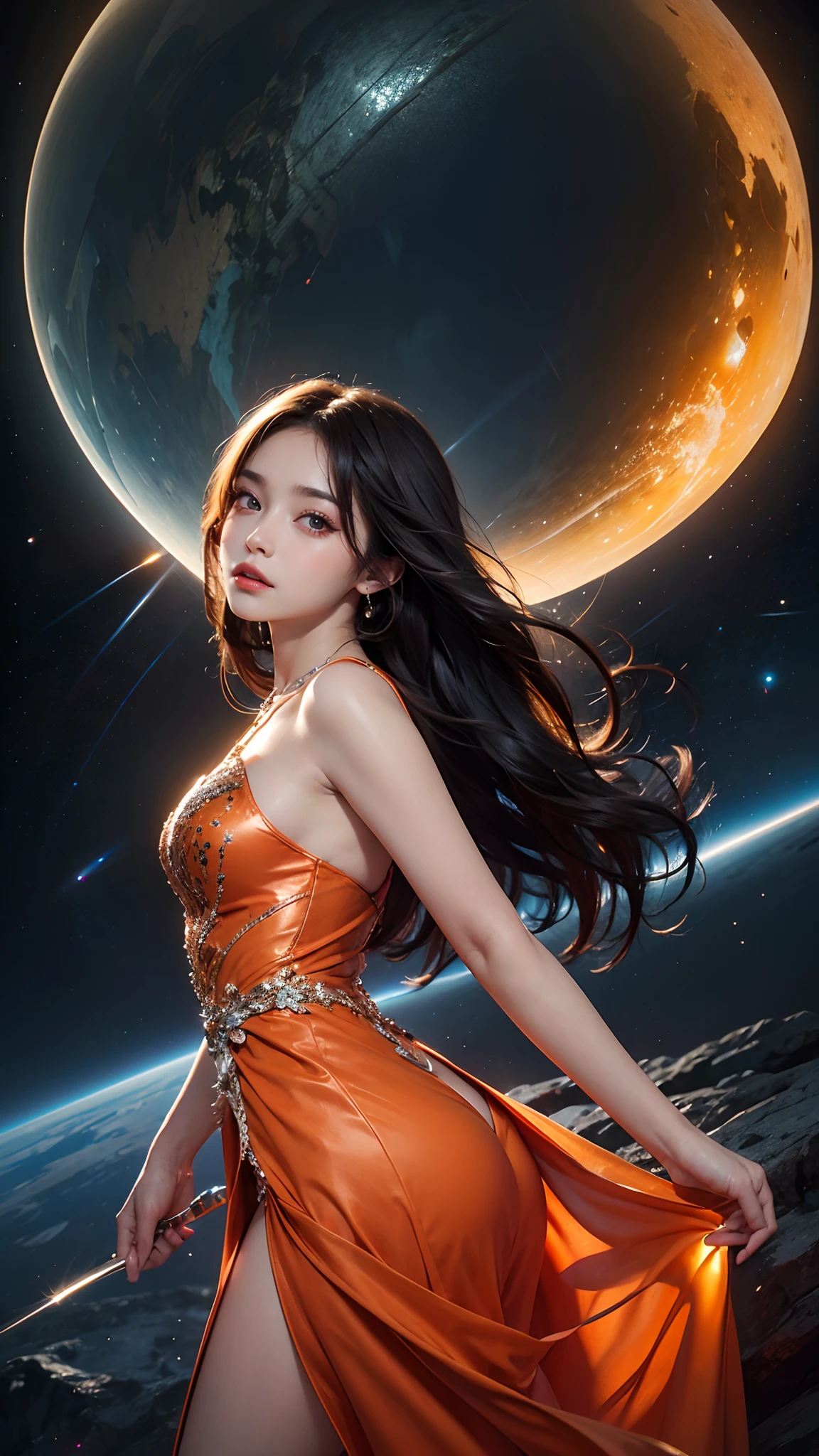 8K ultra hd, masterpiece, best quality, a beautiful girl, long hair, impressive hairstyle, crystal dress, orange dress, (shining:1.2), glowing skin, disco lighting, space background, attractive poses,