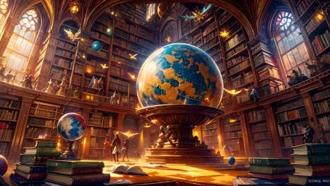 masterpiece, concept art, wide shot, magical library, Globe sphere in the middle, books flying around, magic students around, fantasy theme, surrealism, high fantasy, multicolored magical array, (epic composition, epic proportion), volumetric lighting, pan...