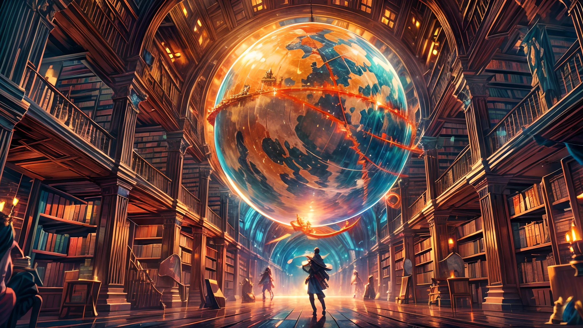 Obra maestra, arte conceptual, plano general, biblioteca mágica, Esfera del globo en el medio, libros volando alrededor, estudiantes de magia alrededor, tema de fantasía, surrealism, Alta fantasía, conjunto mágico multicolor, (Composición épica, proporción épica), iluminación volumétrica, panoramic, color vibrante, alta definición