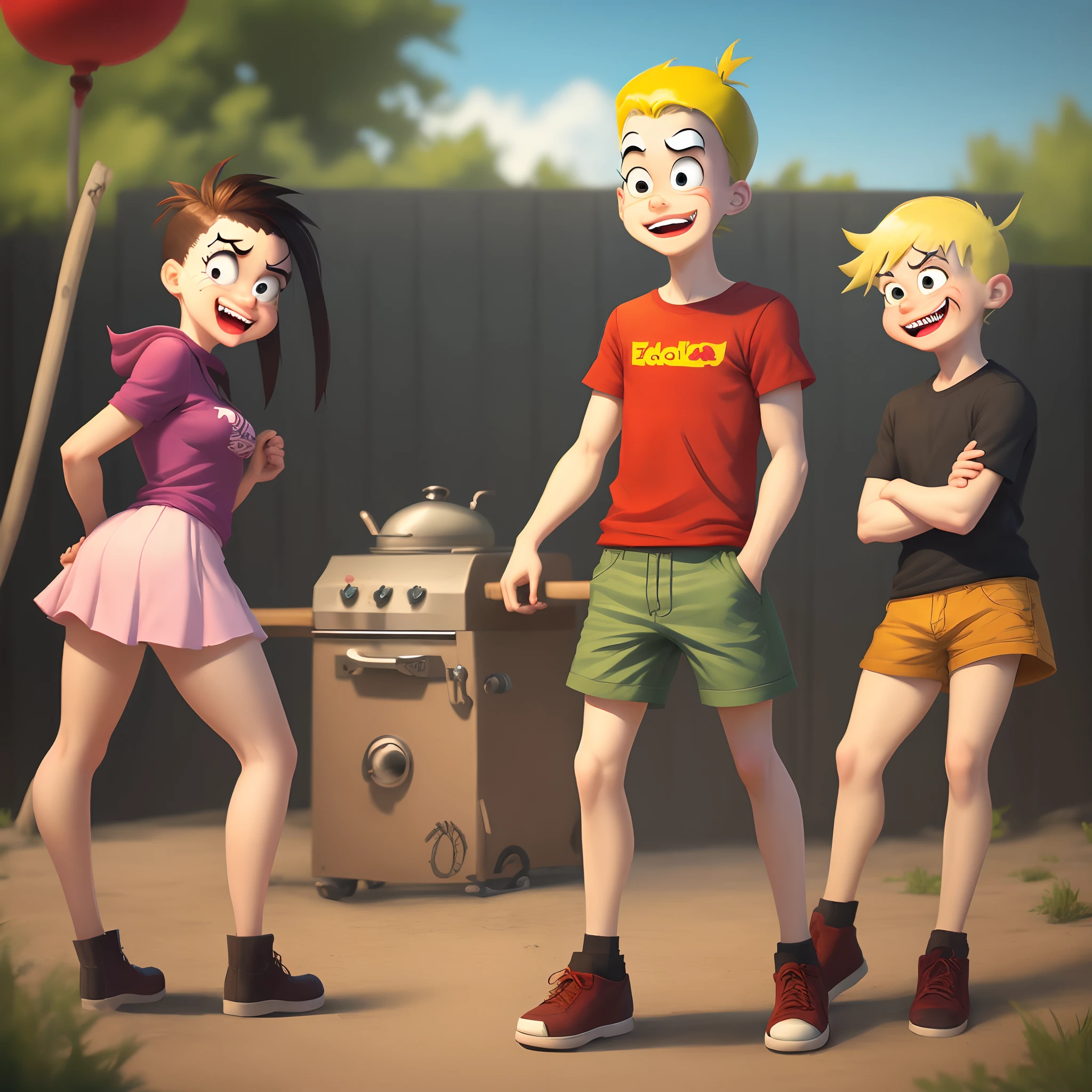 Cartoon characters standing in front of a grill with a balloon - SeaArt AI