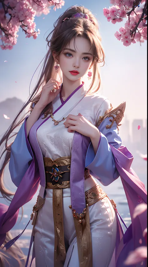1 beautiful girl in Han costume, white thin purple silk shirt with a lot of texture, white lace top, long purple platinum ponyta...