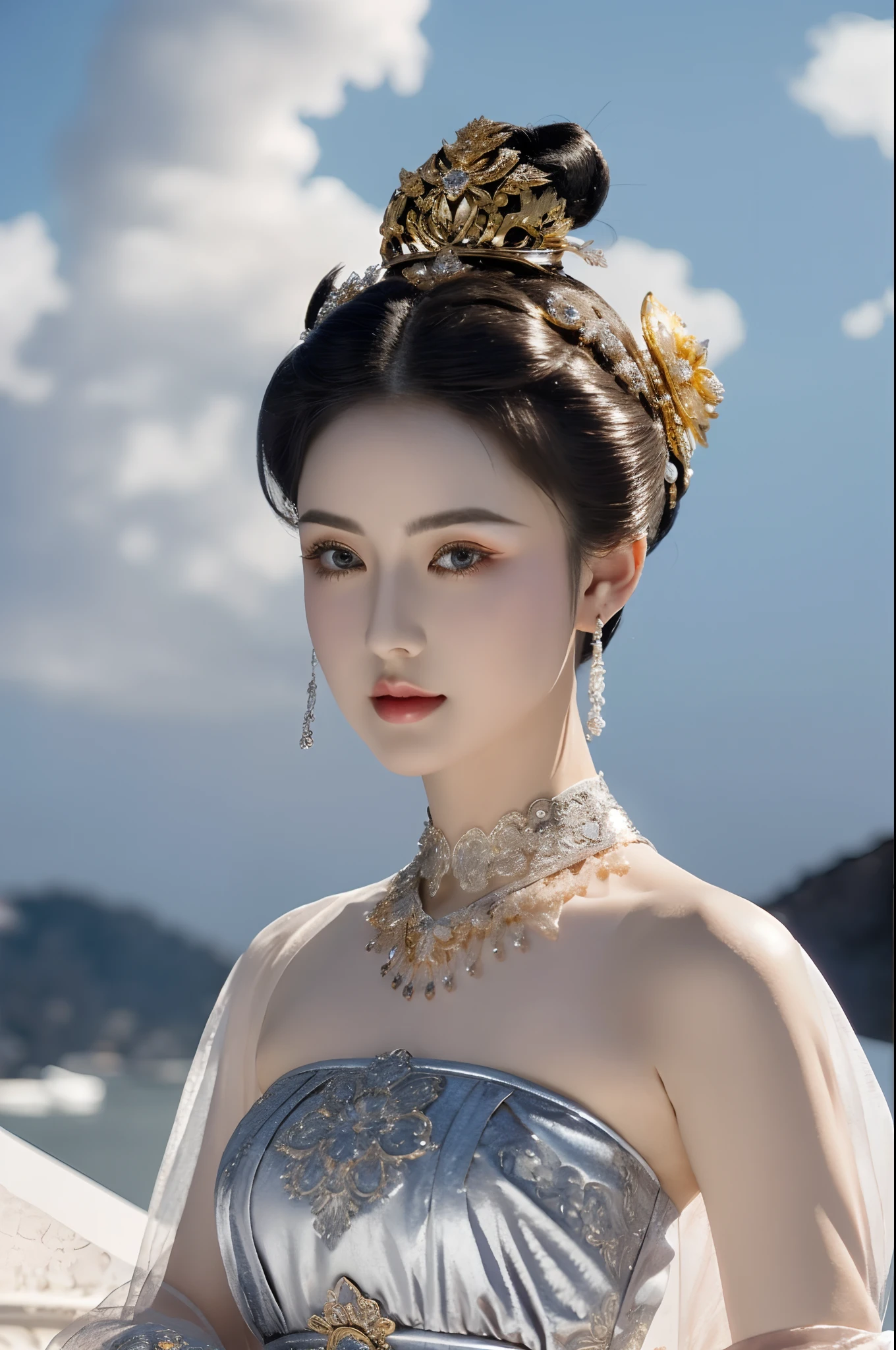 1girll, Solo, Masterpiece, Gorgeous metal style，Ultimate detail, Hair 1 cloud ice,Short hair,hair-bun,Big hair,Hair up,updo, A detailed eye, metal crown，Decorated with ornate stripes, floated hair, detail in face, Clothes made of silver, Clothes with gold lace, ,