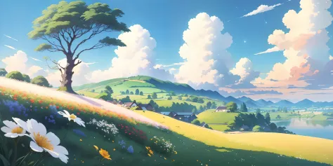 Draw a beautiful landscape of a tree and a flower, anime countryside landscape, ross tran. scenery background, arte de fundo, au...