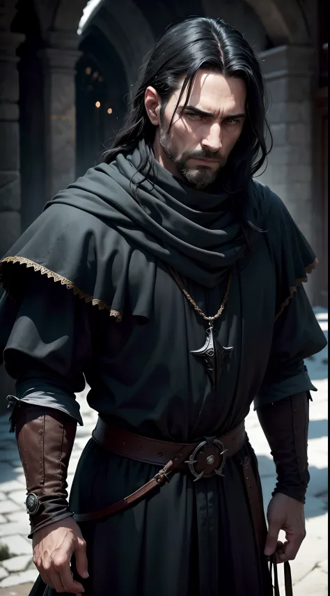 (best quality,4k,highres:1.2),ultra-detailed,(realistic,photorealistic:1.37),full body,40-year-old man,arrogant face,sharp features,slim face,thin face,detailed face,fatigued expression,long black hair with white strands,black medieval clothes,silk scarf,g...