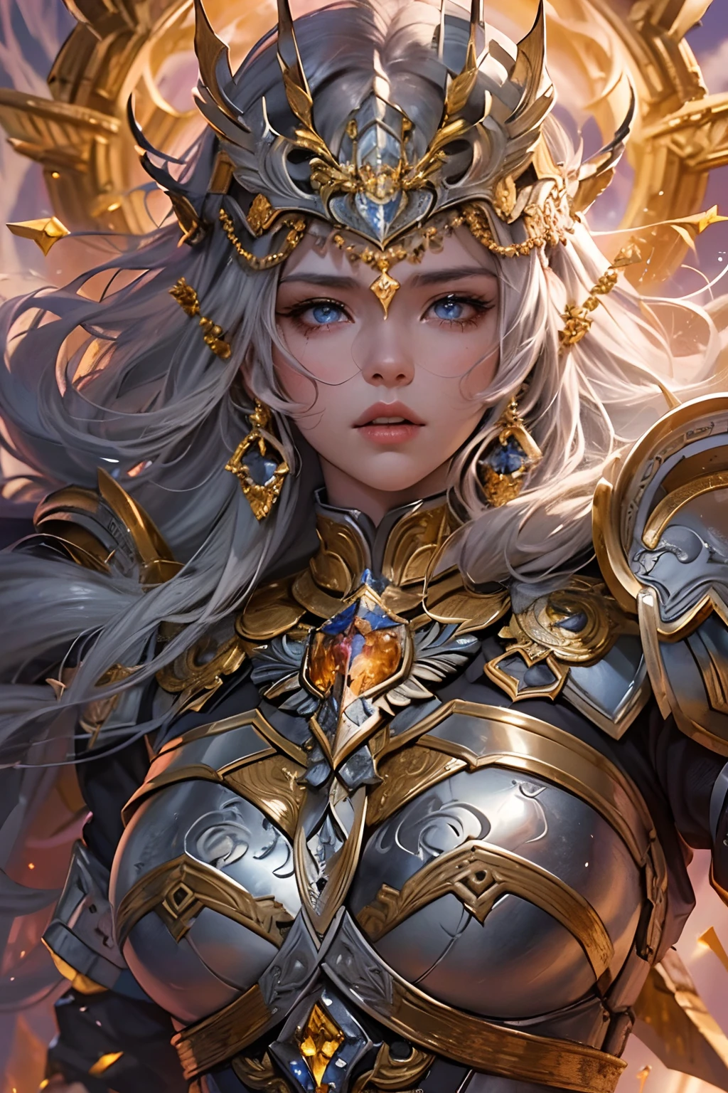 "(best quality: 1.2), masterpiece, 8K UHD super detailed, ((official art)), cg, 1 giant goddess of war, standing tall on the scene, her huge legs she stands steadfast amidst the ruins of fallen empires, (pose dynamic: 1.3), intricately detailed armor reflects the very heart of the conflict, (meticulous detail), blazing light radiant, radiant spots of light, (historically significant armor: 1.2), metallic glittering armor, (luminous magic symbol on the armor: 1.3), (mystical magic swirling around her : 1.3), detailed long black hair blowing in the wind, holding a meticulously detailed weapon, (sharp, glowing sword: 1.3), eyes shining with determination and vision, (( silver armor)), extremely detailed shield bearing a symbol of resilience, (fierce expression:1.1), behind her, vast sky crimson sunset:1.8, (wind carrying whispers of a new beginning:1.1), (wisdom and rebirth:1.2), (commanding pose:1.2), (overflowing mystical power:1.2), solo, (sparkling sweat:1.1), jeweled armor, (contrast between silver and gold: 1.3)".