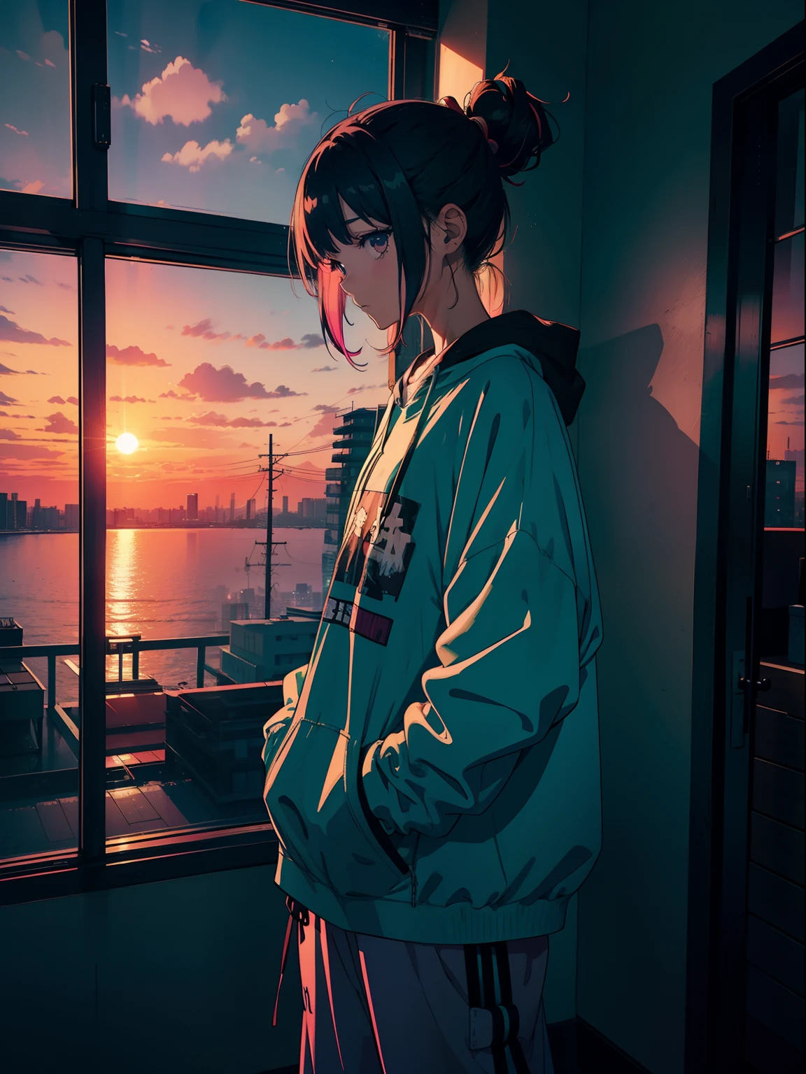 A woman standing in front of a window looking out at the sunset - SeaArt AI