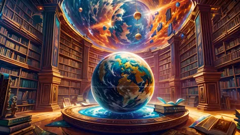 masterpiece, concept art, wide shot, magical library, Globe sphere in the middle, books flying around, magic students around, fa...