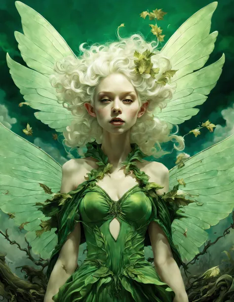 ((Halloween style)), Cinematic, photorealistic of albino ((faerie, 2 wings in her back)), vibrant colors, green outfit, fantasy,...