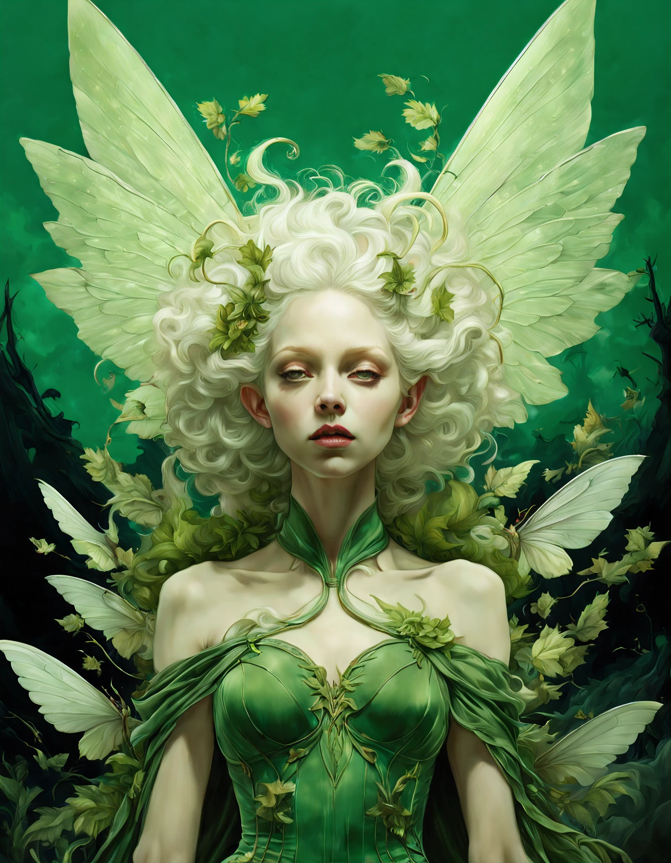 ((Halloween style)), Cinematic, photorealistic of albino ((faerie, 2 wings in her back)), vibrant colors, green outfit, fantasy, warm green tone, surreal, 8k resolution photorealistic masterpiece by Aaron Horkey and Jeremy Mann, professional photography, volumetric lighting maximalist photoillustration by marton bobzert, 8k resolution concept art intricately detailed, complex, elegant, expansive, fantastical, mythical clouds