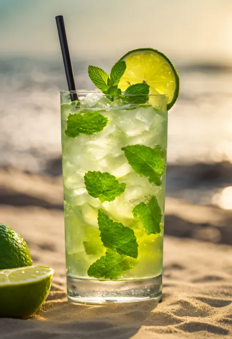 A Cuban Mojito served in a highball glass On a beach. Real photo, 4K.
