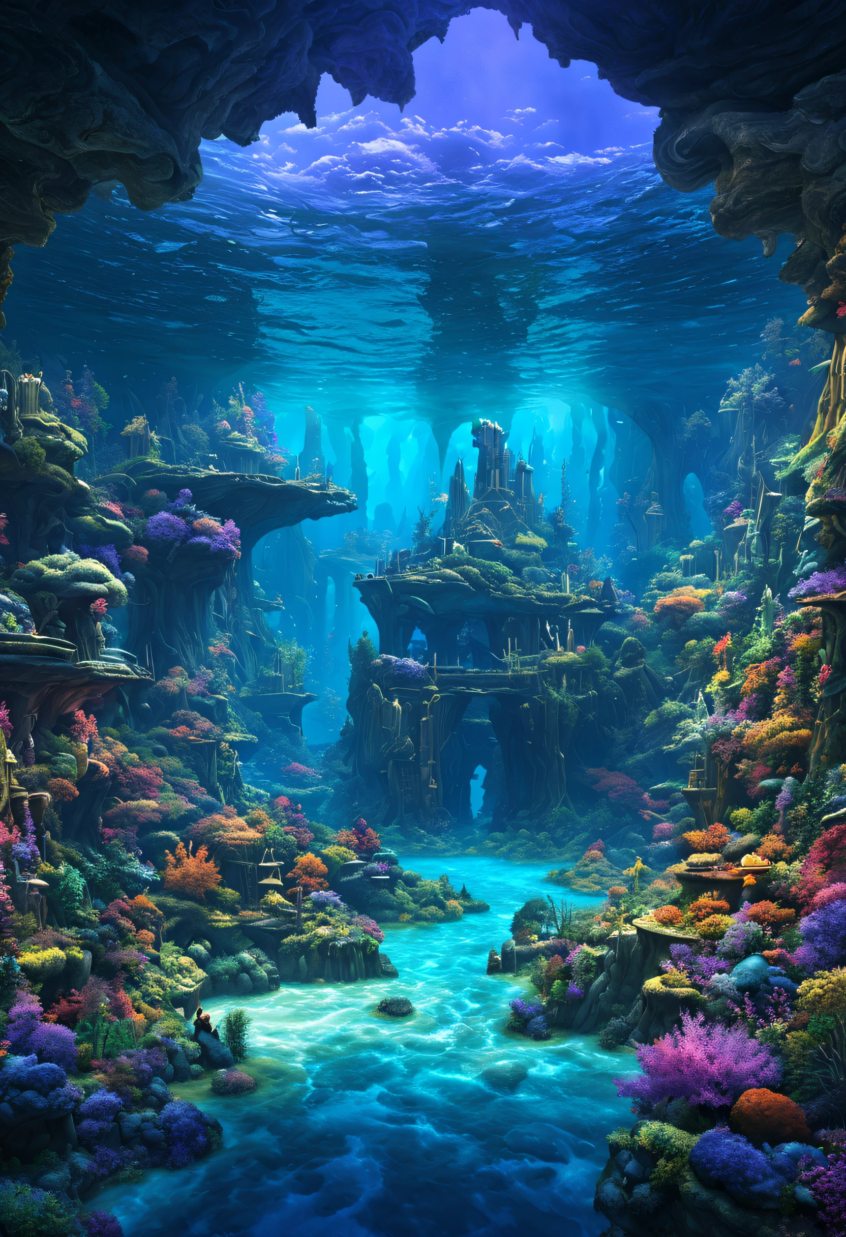 a painting of a beyond-dimensional fantasy world,a world of under the sea,Atlantis,science fiction,uplighting,studio Ghibli,unreal engine,epic composition,CG digital render,Ultra HD,technique highly detailed,triadic color scheme