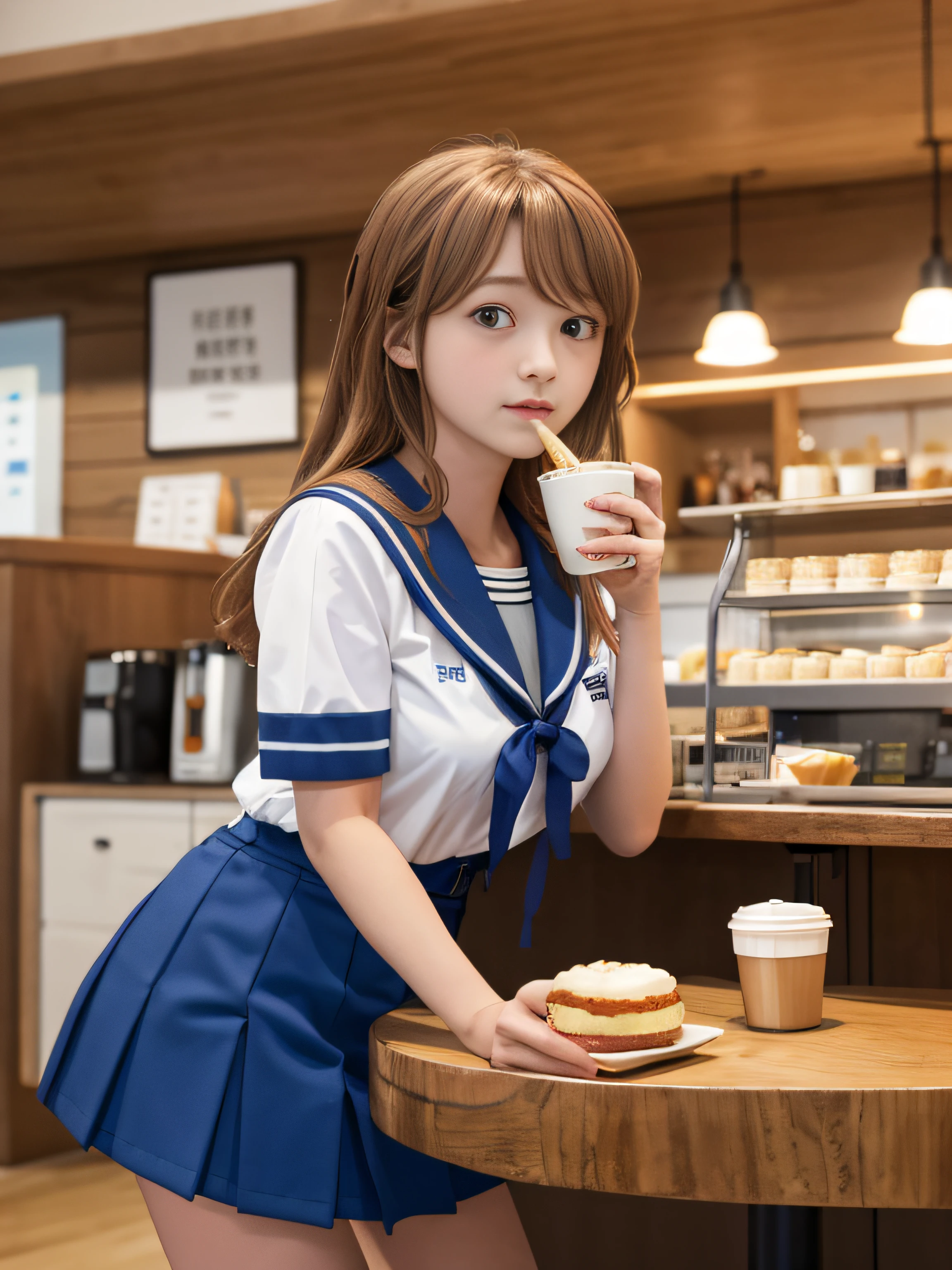 RAW image quality、​masterpiece、top-quality、Hi-Res、Mikuru 1、1girl in、Mikuru Asahina、long、North College Uniform、独奏、Blue sailor color、Sailor collar、serafuku、a blue skirt、skirt by the、shortsleeves、Red ribbons、Colossal tits、I'm eating shortcake deliciously、Stylish coffee shop background、