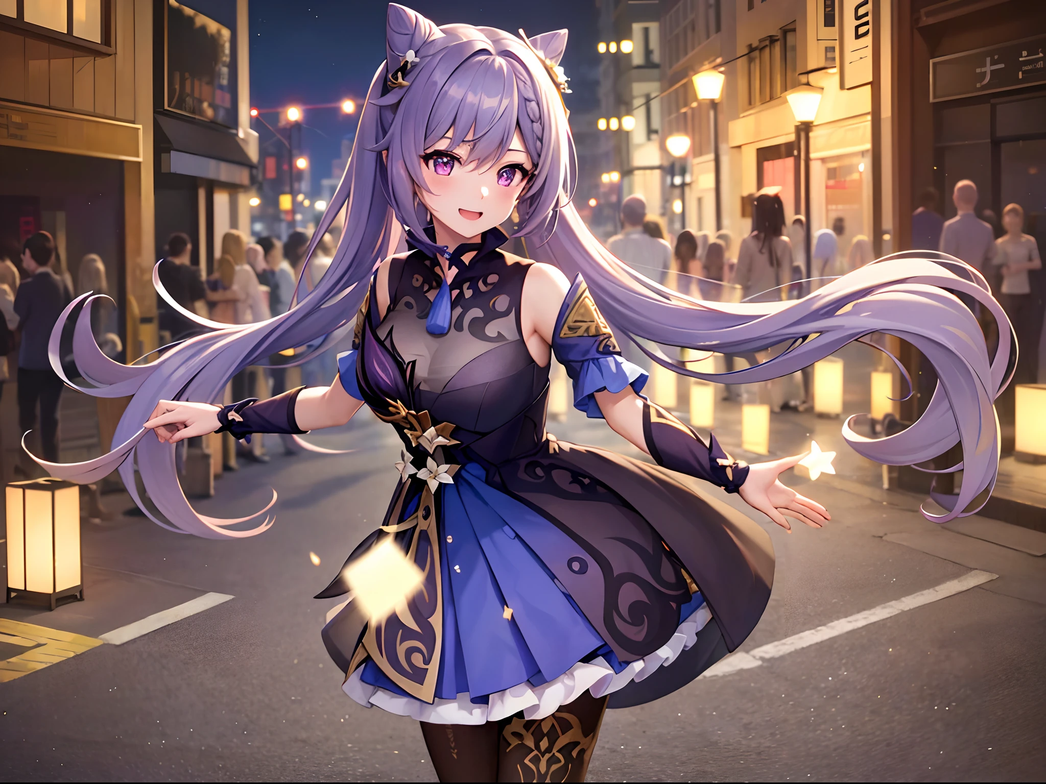 keqing, very happy expression,glowing body,shiny hair, walking in street, new york street, new york city atmosphere, daylight, sun, beautiful detailed eyes,extremely detailed eyes and face,(best quality,4k,8k,highres,masterpiece:1.2)illustration,glowing lights,vibrant colors,warm color tone,soft shadows, happy atmosphere