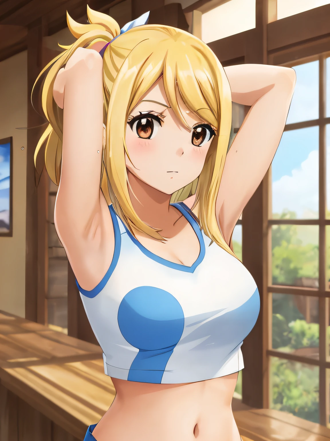 1girl, lucy heartfilia, solo, blonde hair, brown eyes, long hair, indoors, looking at viewer, anime coloring, parody, side ponytail, upper body, hair ribbon, barriga, belly, breasts, armpits