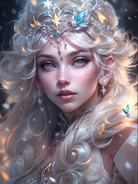 Generate beautiful, realistic fantasy artwork with bold gemstone tones, Nice glitter and shimmer, And a lot of snowflakes. Generate a glowing and petite curly-haired woman, Metallic hair, and realistic textured hair. Her skin is pure white，It seems to glow...