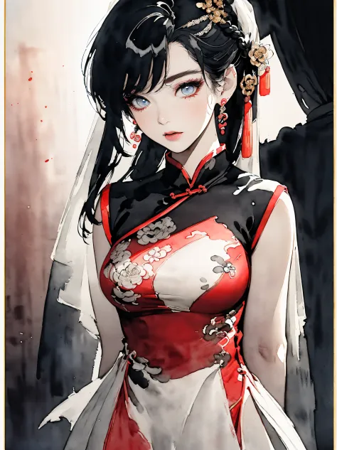 (((((((Chinese ink painting，watercolor paiting，ancient chinese costume,screen，Paper wedding dress，Red silk entanglement，)))))))，((1lady,korean girl,Solo,))(Masterpiece,Best quality, offcial art, Beautiful and aesthetic:1.2),((超高分辨率,Golden ratio,)) (16k),((...