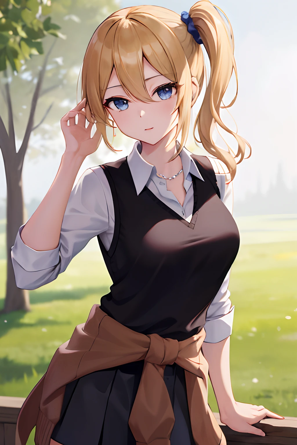 masterpiece, best quality, highres, aahayasaka, side ponytail, medium breasts, necklace, collared shirt, black vest, sleeves rolled up, clothes around waist, black skirt, outdoors, standing, cowboy shot