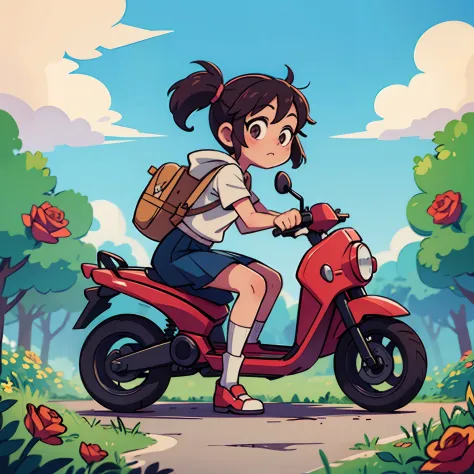 A two-and-a-half-year-old girl，Riding a scooter with three pigtails，On a country road，There are roses on both sides of the road，...